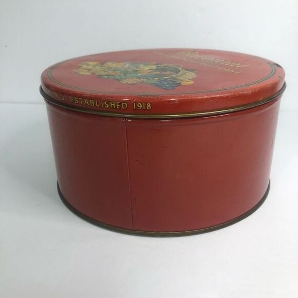vtg baronial brand rum and brandy fruit cake metal tin round red htf as is - Picture 6 of 15